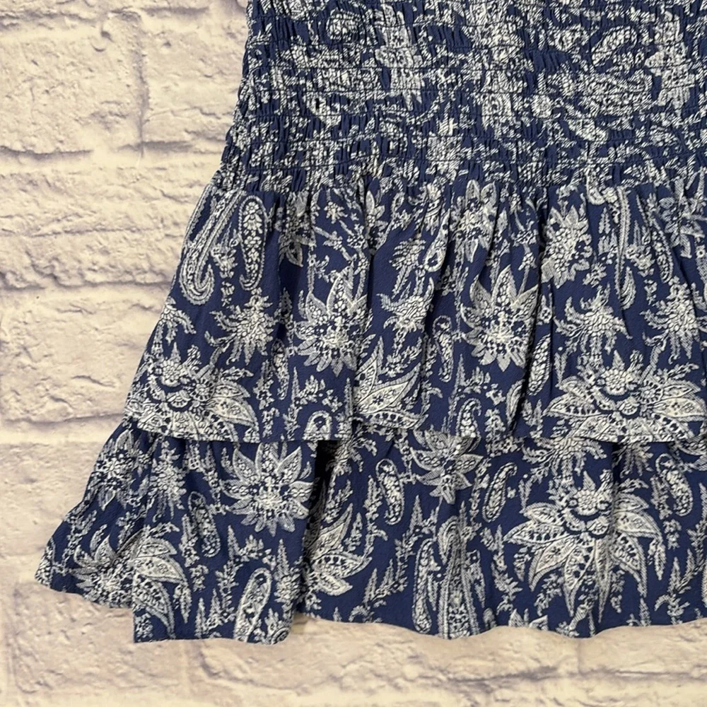 Ann Taylor Smocked Waist Skirt Blue and White Floral Paisley Ruffle Petite Small